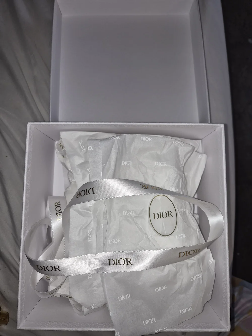 DIOR White Pebbled Gift Box 9 x 9 x 4 W Ribbon + Tissue